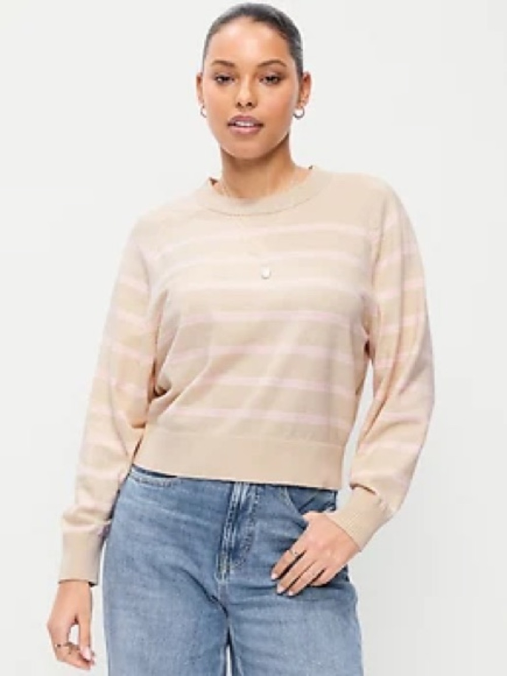 Old Navy Beige and Light Pink Striped Crewneck Sweater